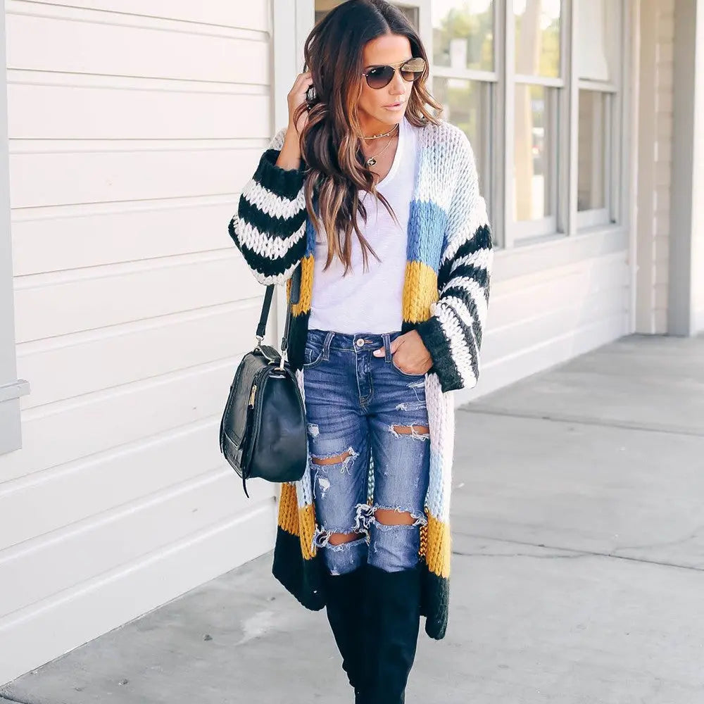 Women's Contrast Color Striped Cardigan Jacket 