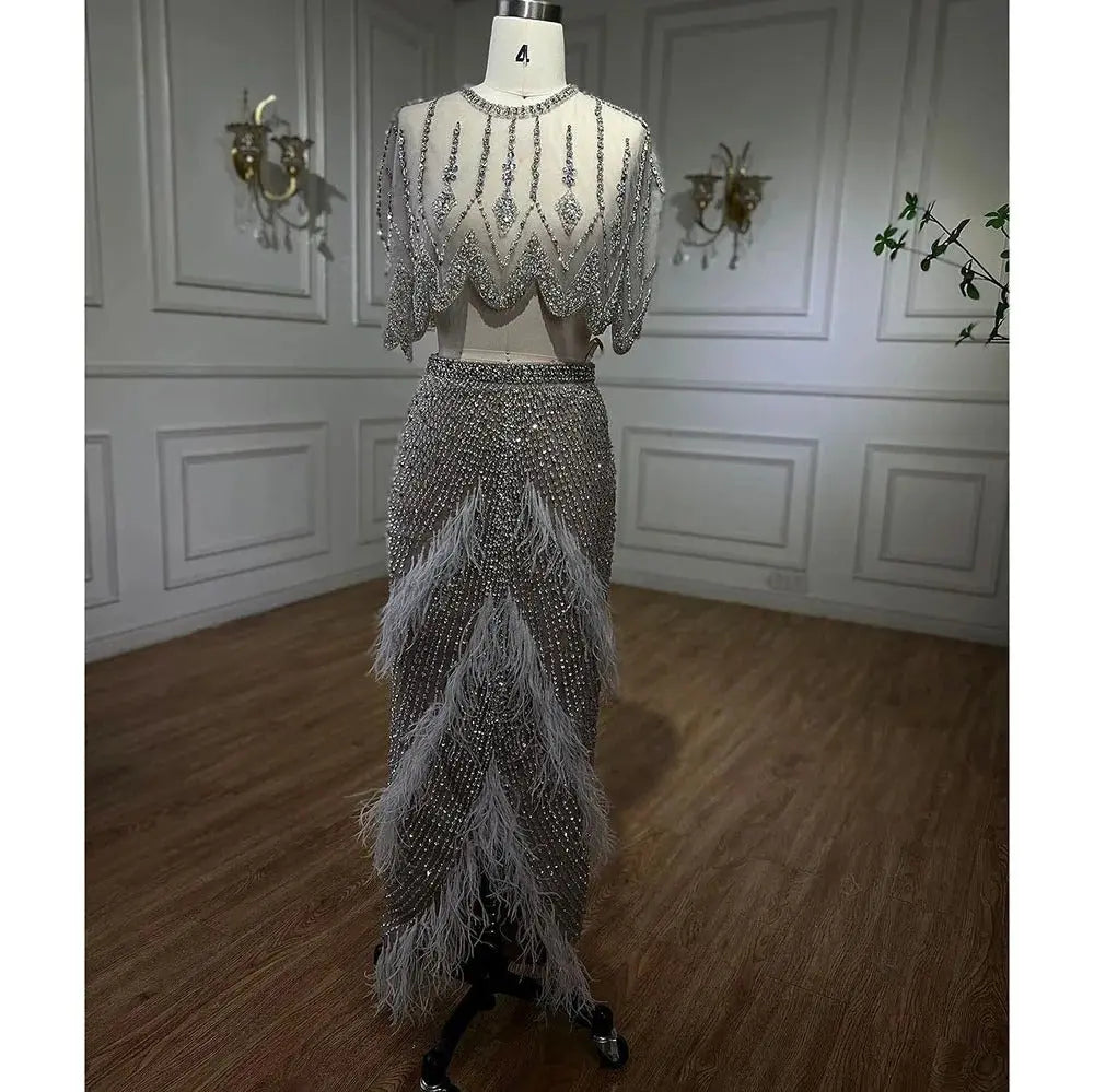 European And American Silver Nude Slim-fit Feather Shawl Host Performance Ladies' Evening Dress 