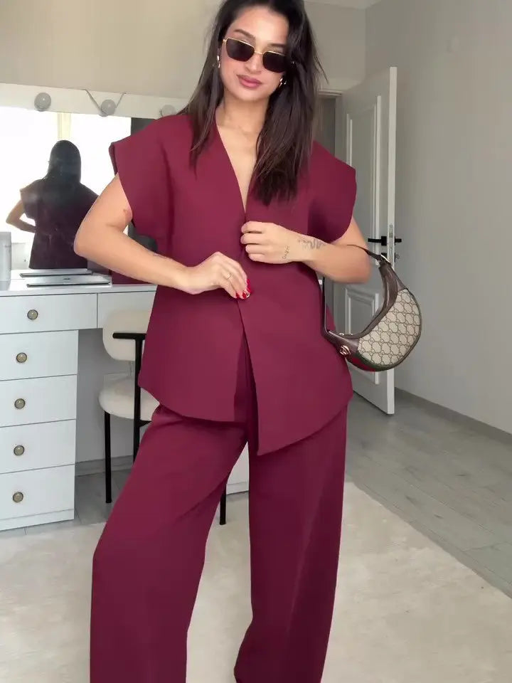 Burgundy Sleeveless Single-button Top & High-waisted Pants Set 