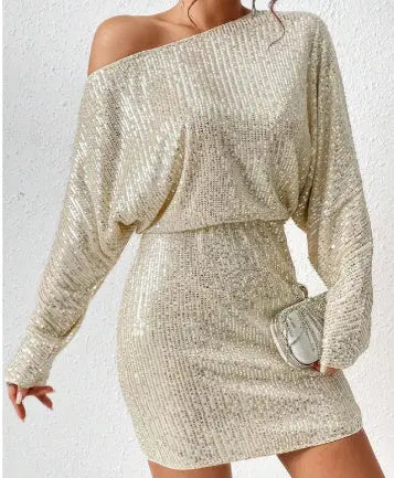 Fashion Oblique Shoulder Sequins Dress Ins Long-sleeved Dresses For Party Women's Clothing 