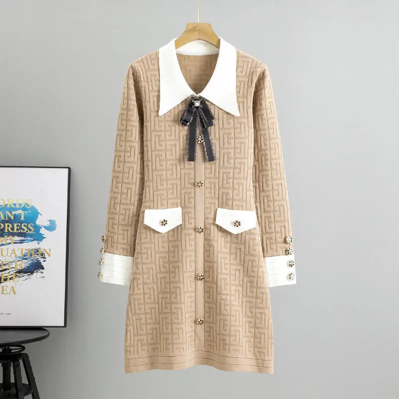 Ladies Bow Lapel Long Sleeve Knitted Dress 