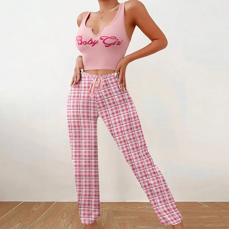 Spring Summer Women's Casual Pajamas Home Wear Vest Color Matching Plaid Trousers Letter Print Top Ladies 2 Pcs Home Clothes Sleepwear 