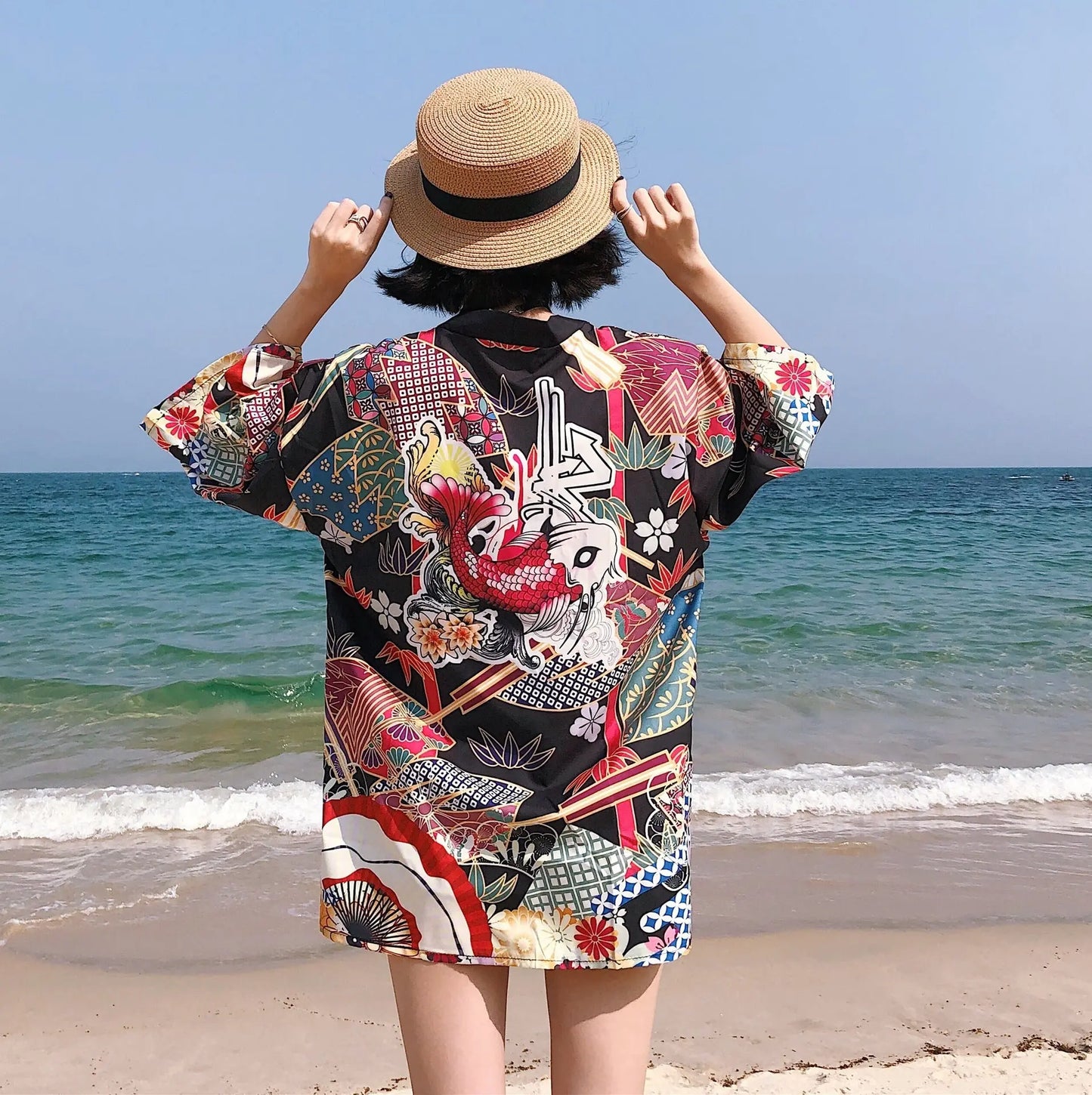 Loose Street Sun Protection Clothing Middle Sleeve Graffiti Kimono Travel Thin Coat 