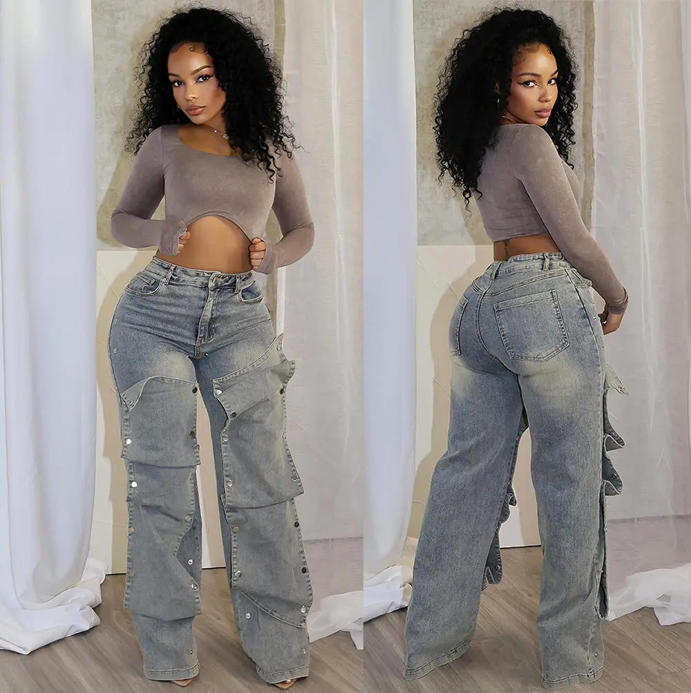 Women's Button High Waist Straight Jeans 