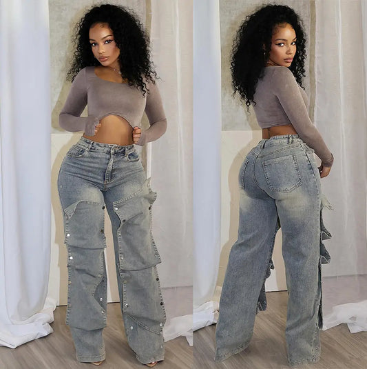 Women's Button High Waist Straight Jeans 