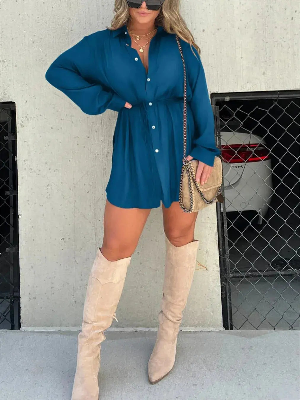Women's Long Sleeve Jumpsuit With Button Fashion Shirt Dress 