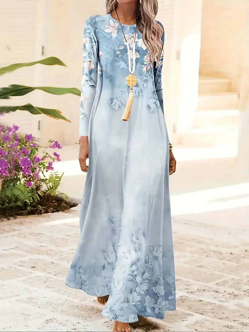 European And American Long Sleeve Artistic Retro Geometric Printed Round Neck Pullover Dress 
