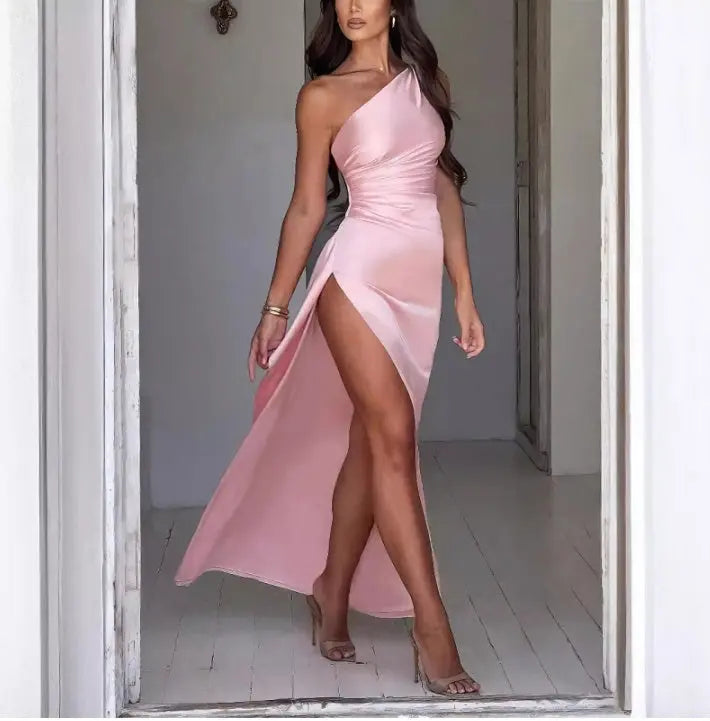 Sexy One-shoulder Backless Slit Dress Summer Elegant Slim-fit Solid Color Satin Dresses For Women 