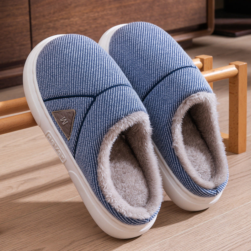 Solid Striped Home Slippers Winter Warm Fleece Shoes