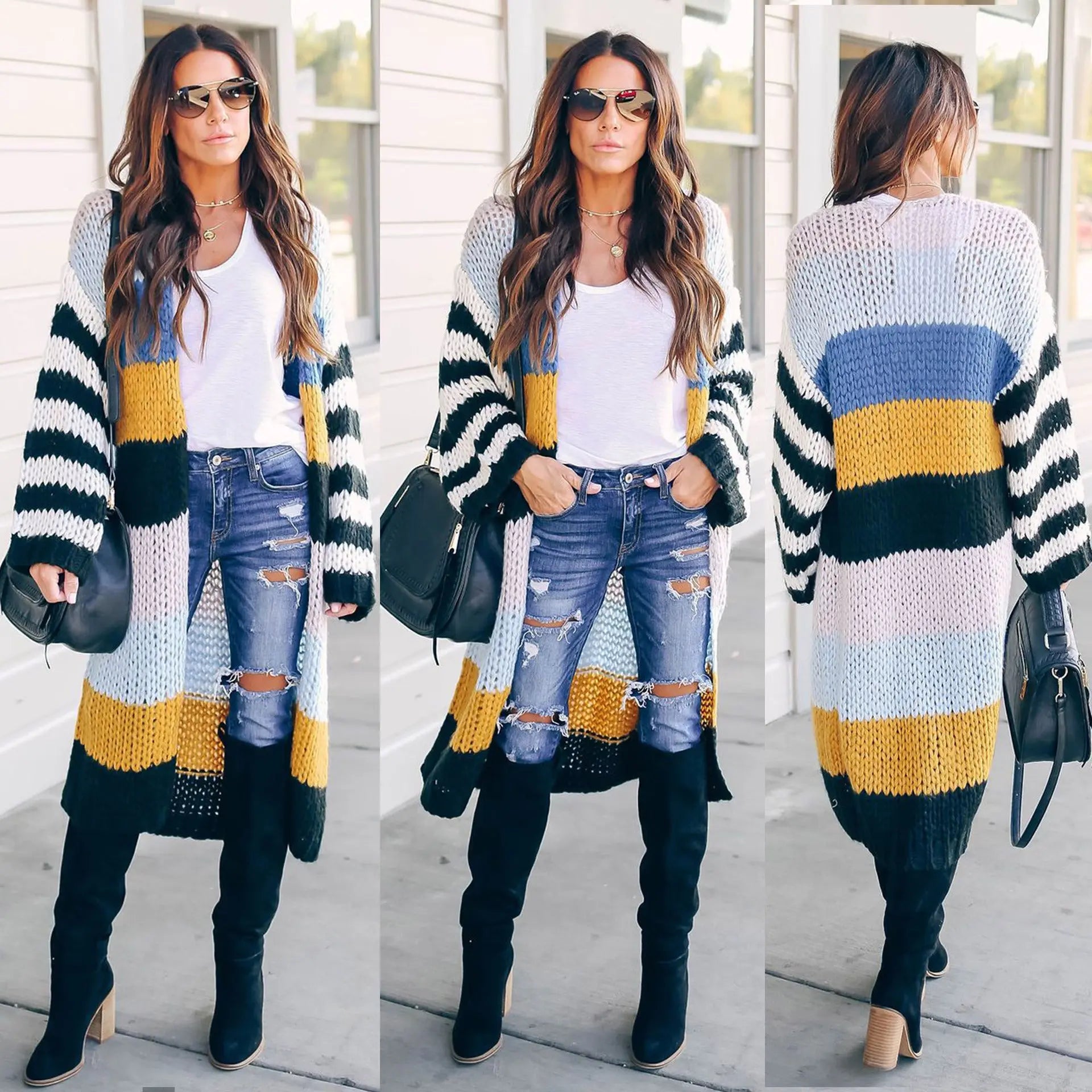 Women's Contrast Color Striped Cardigan Jacket 