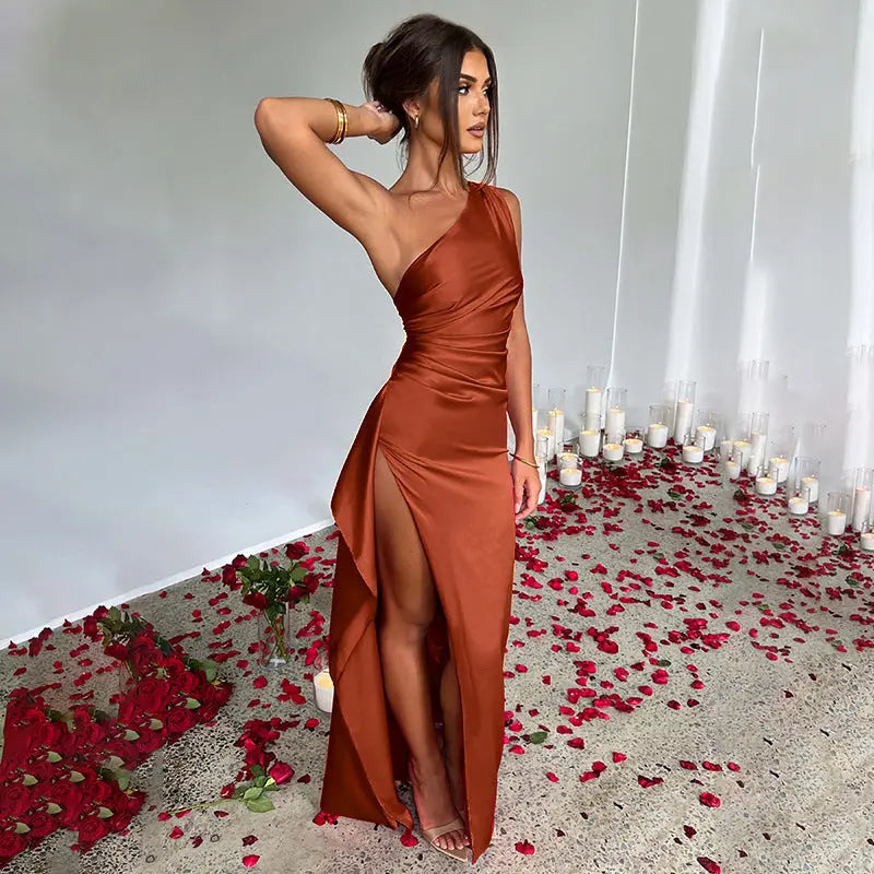 Sexy One-shoulder Backless Slit Dress Summer Elegant Slim-fit Solid Color Satin Dresses For Women 