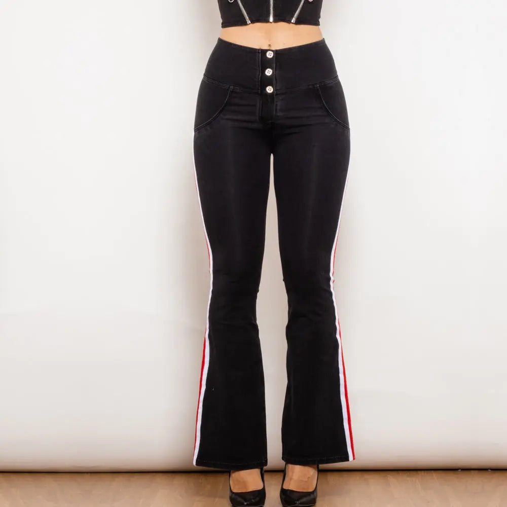 Shascullfites Melody Black Striped Flared Lift Jeggings Button Up Jeans Shaping Jeans Women High Waist Flare Jeans 