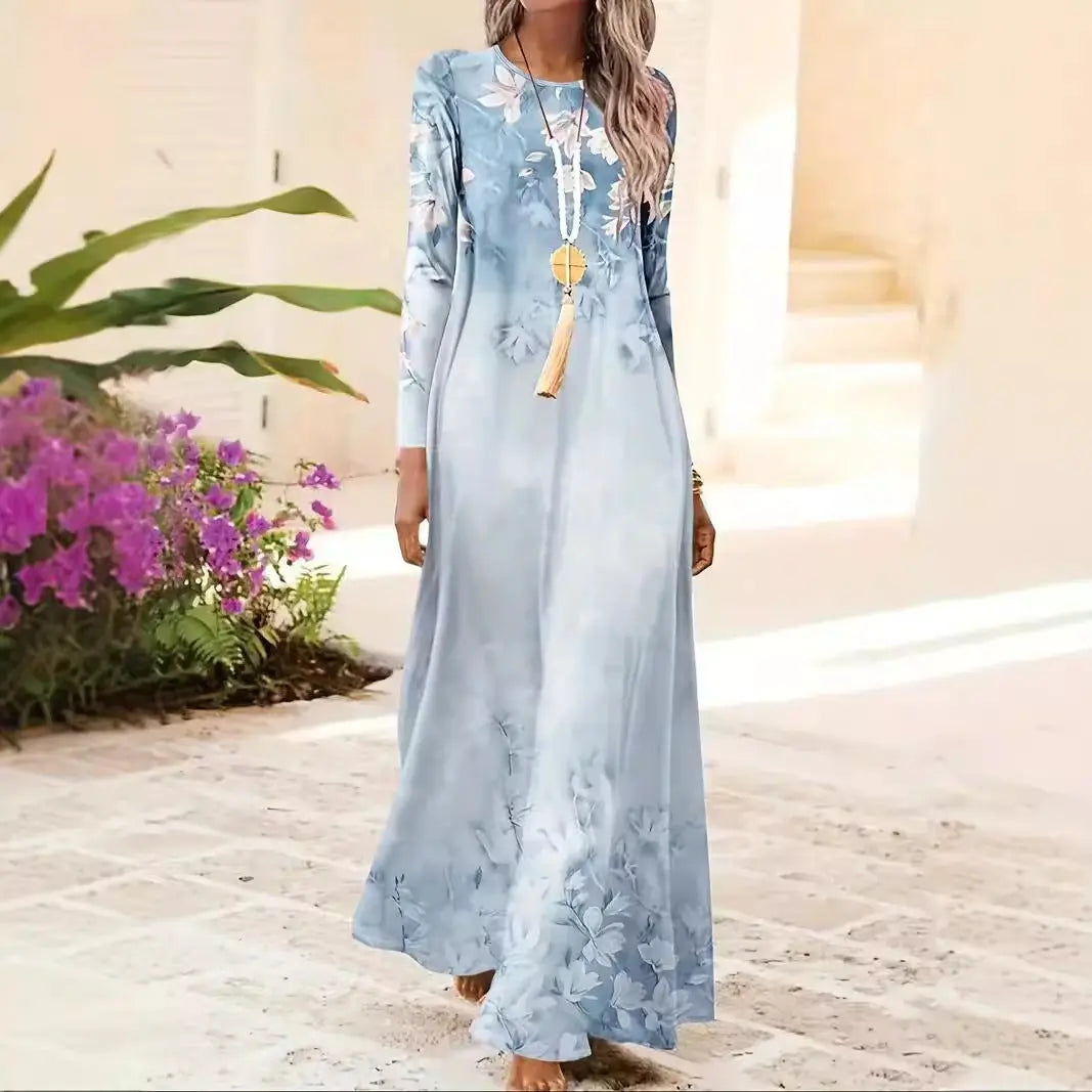 European And American Long Sleeve Artistic Retro Geometric Printed Round Neck Pullover Dress 