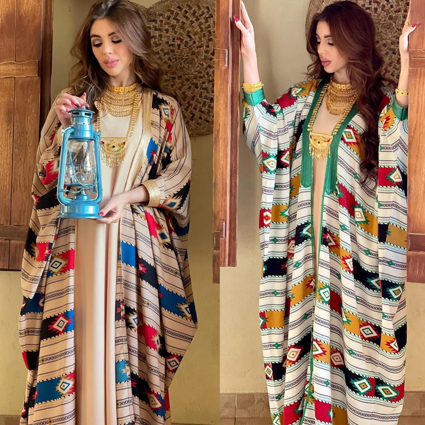 Striped Batwing Sleeve Muslim Vest Coat Two-piece Set Abaya Dress 