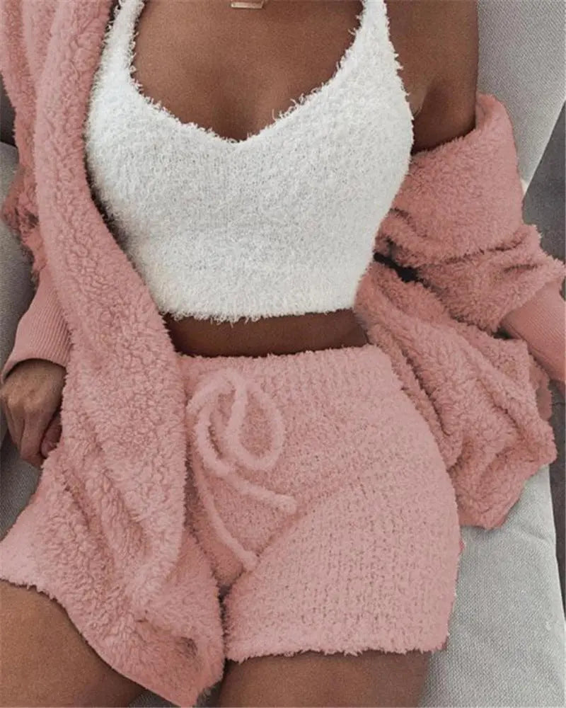 3pcs Womens Clothing Long Sleeve Crop Tank Top And Drawstring Shorts Pajama Set 