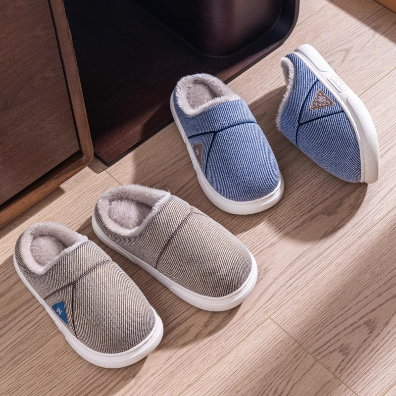 Solid Striped Home Slippers Winter Warm Fleece Shoes