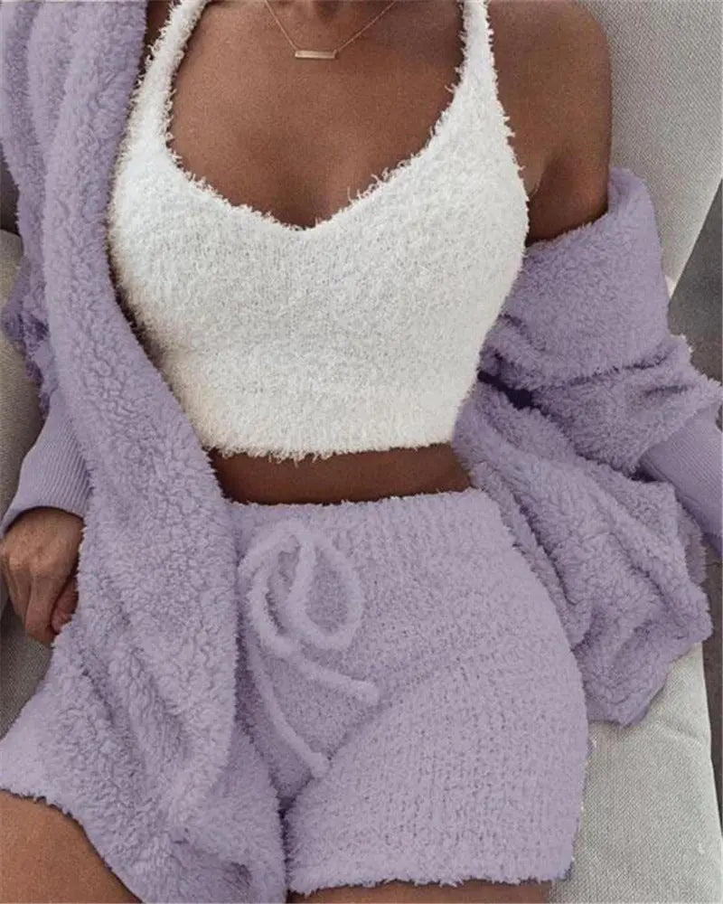 3pcs Womens Clothing Long Sleeve Crop Tank Top And Drawstring Shorts Pajama Set 