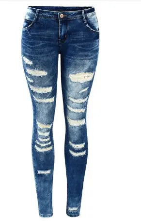 Stretch cotton hole pencil feet jeans women 