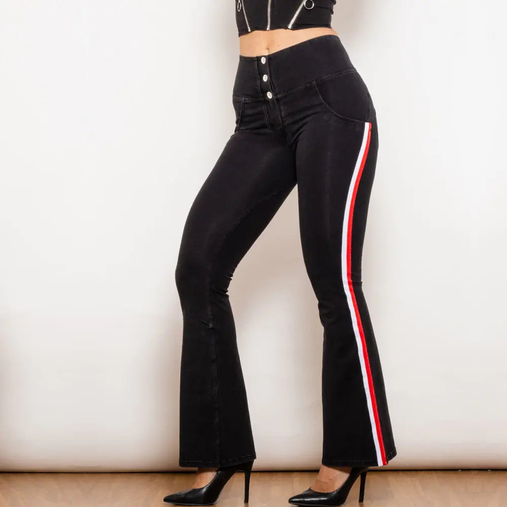 Shascullfites Melody Black Striped Flared Lift Jeggings Button Up Jeans Shaping Jeans Women High Waist Flare Jeans 