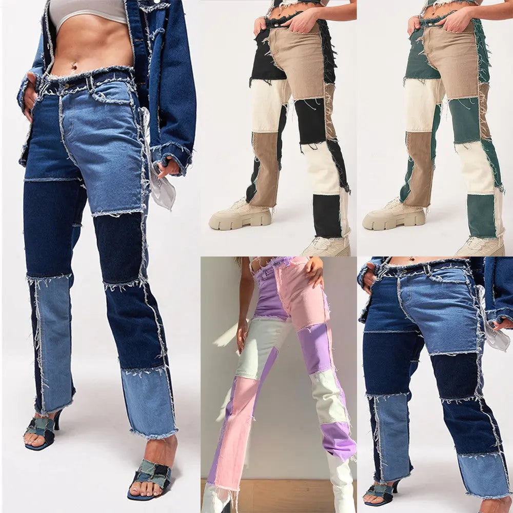 High Elastic Stitching Raw Edge Women's Straight-leg Jeans 