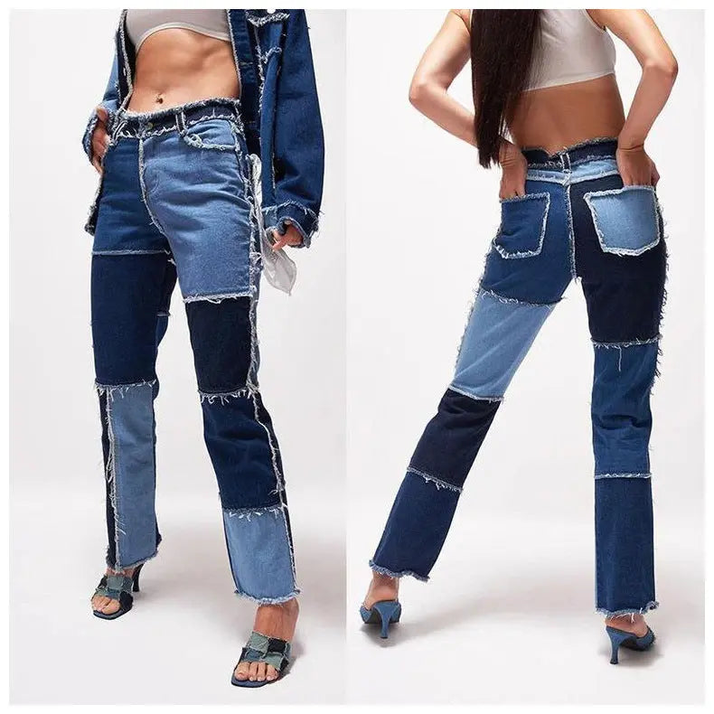 High Elastic Stitching Raw Edge Women's Straight-leg Jeans 