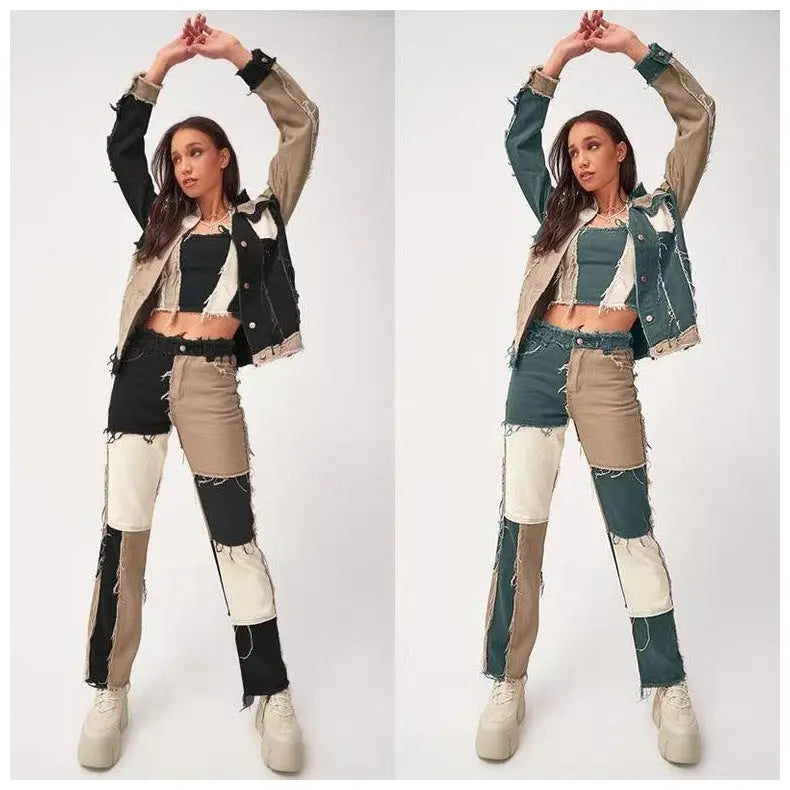 High Elastic Stitching Raw Edge Women's Straight-leg Jeans 