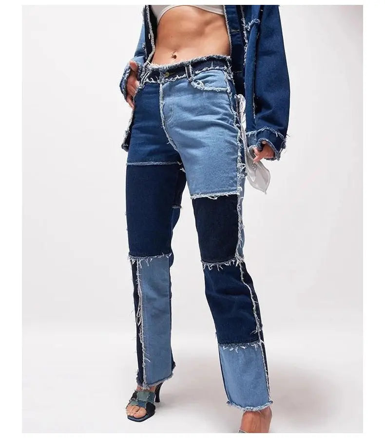 High Elastic Stitching Raw Edge Women's Straight-leg Jeans 