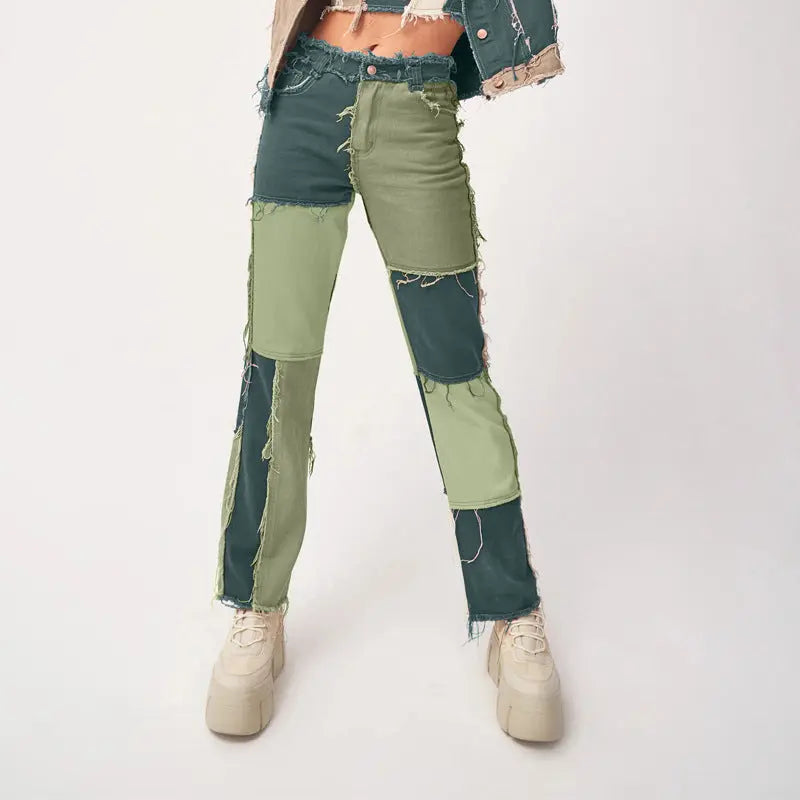 High Elastic Stitching Raw Edge Women's Straight-leg Jeans 