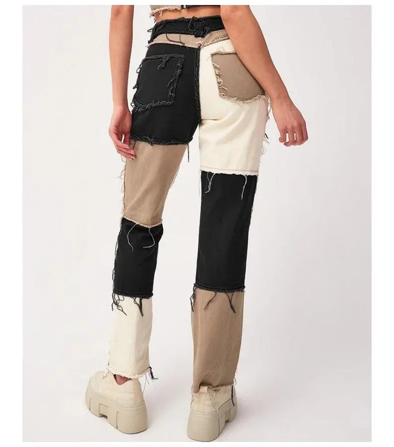 High Elastic Stitching Raw Edge Women's Straight-leg Jeans 