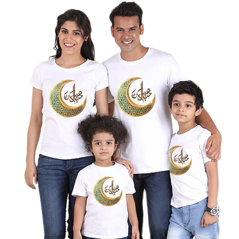 Parent-child short-sleeved T-shirt Eid Mubarak moon print 