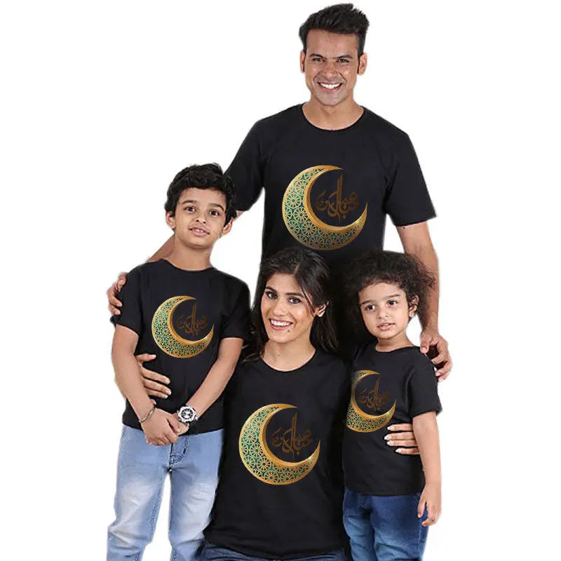 Parent-child short-sleeved T-shirt Eid Mubarak moon print 