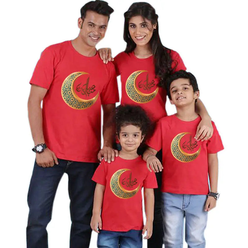 Parent-child short-sleeved T-shirt Eid Mubarak moon print 