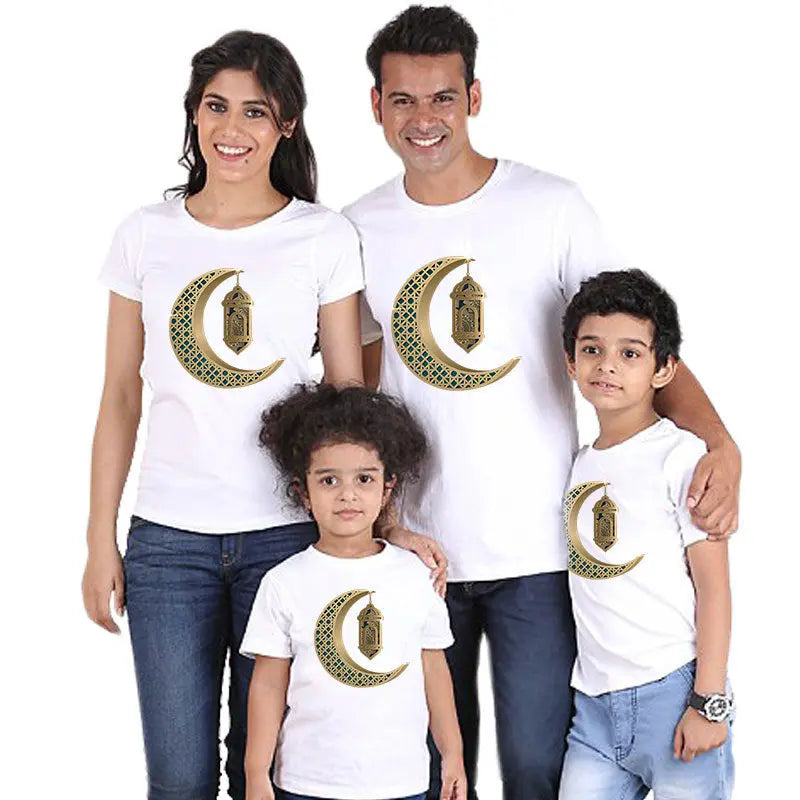 Parent-child short-sleeved T-shirt Eid Mubarak moon print 