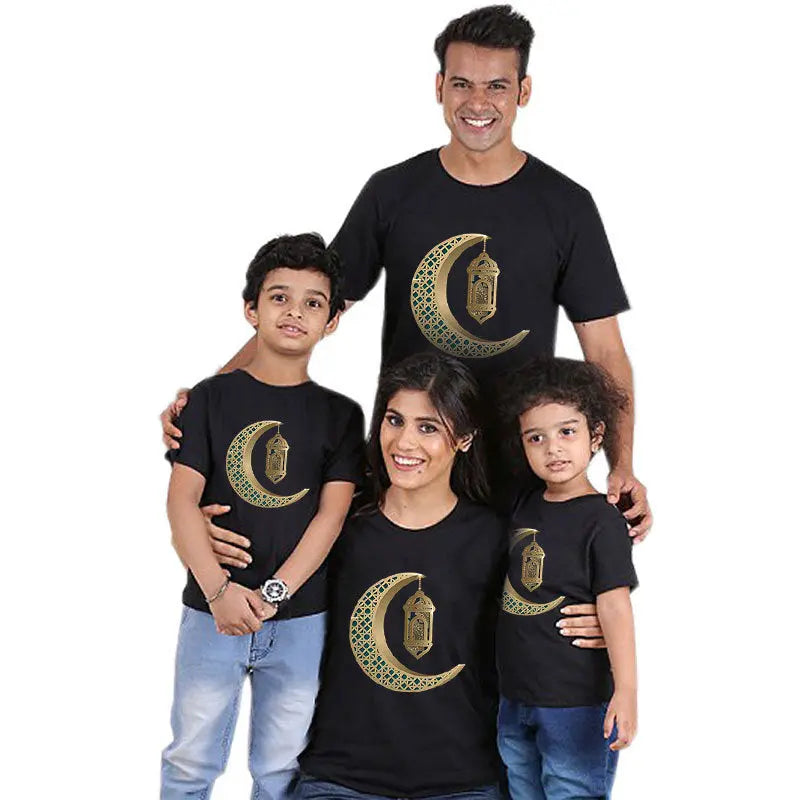 Parent-child short-sleeved T-shirt Eid Mubarak moon print 