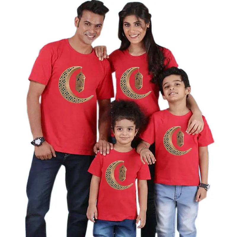 Parent-child short-sleeved T-shirt Eid Mubarak moon print 