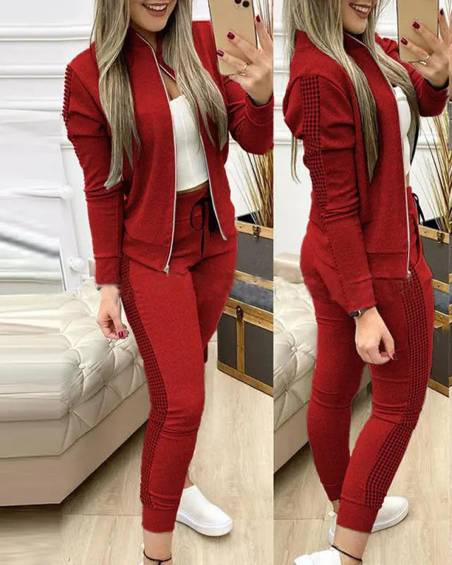 Casual Zipper Stitching Plaid Suit Women's Suit 