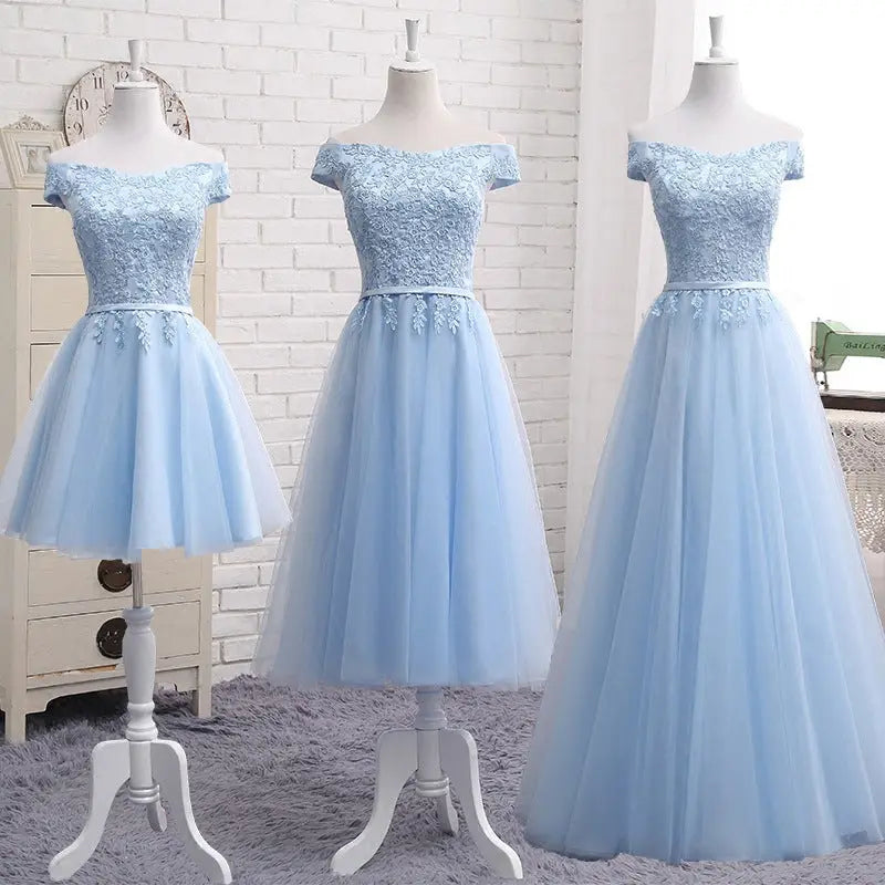 Long Blue Bridesmaid Sisters Dress One-shoulder Evening Dress 