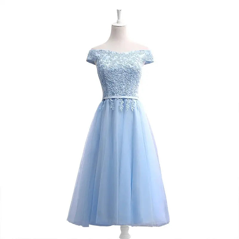 Long Blue Bridesmaid Sisters Dress One-shoulder Evening Dress 