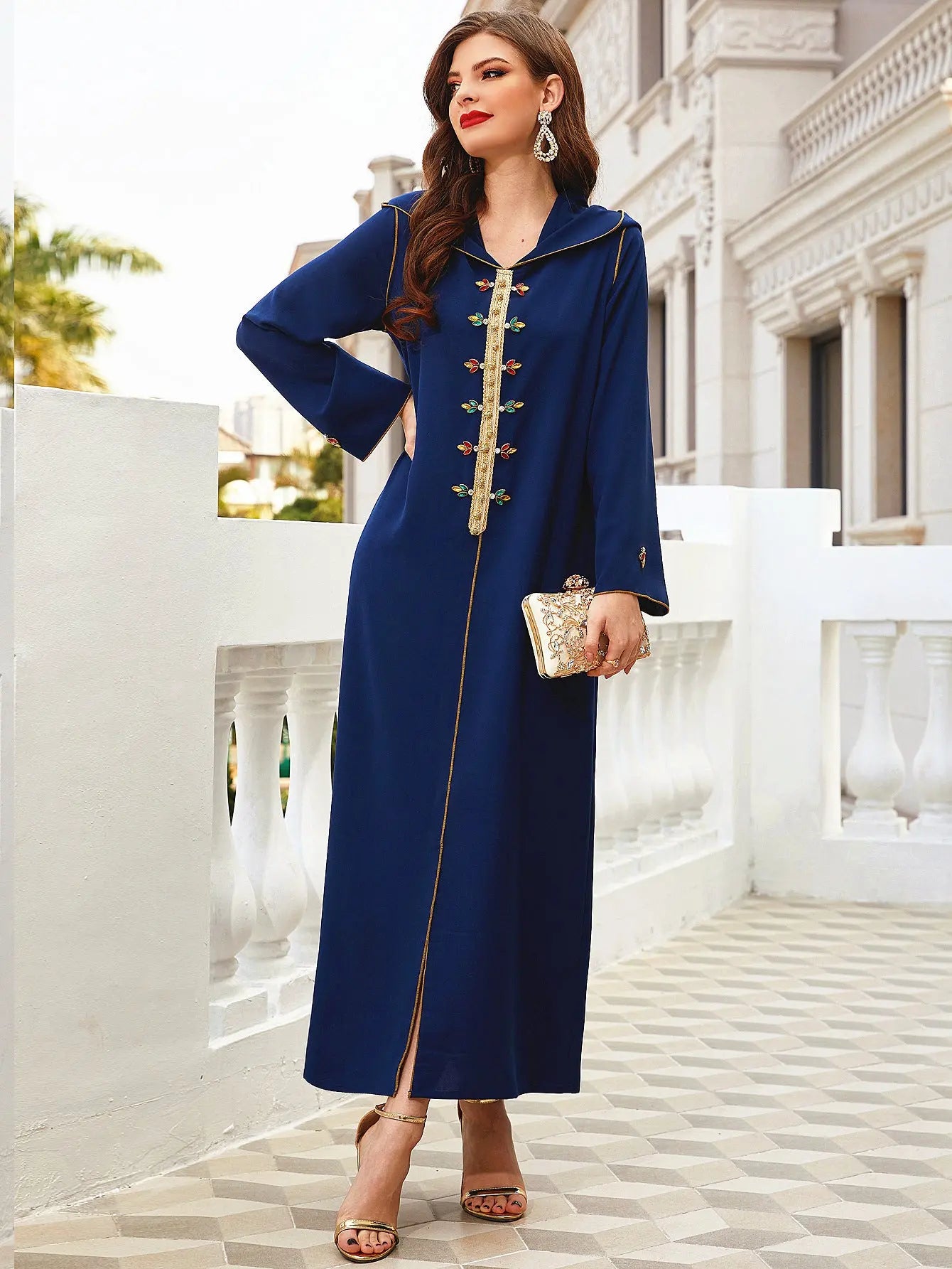 Navy Gold-rimmed Hand-sewn Diamond Hooded Robe ABAYA Muslim 
