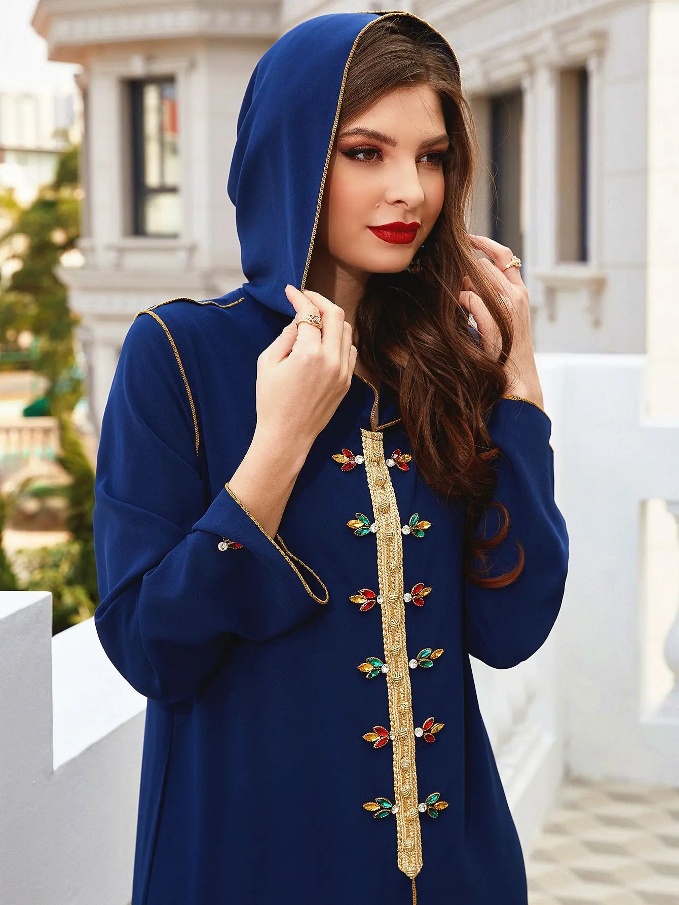 Navy Gold-rimmed Hand-sewn Diamond Hooded Robe ABAYA Muslim 