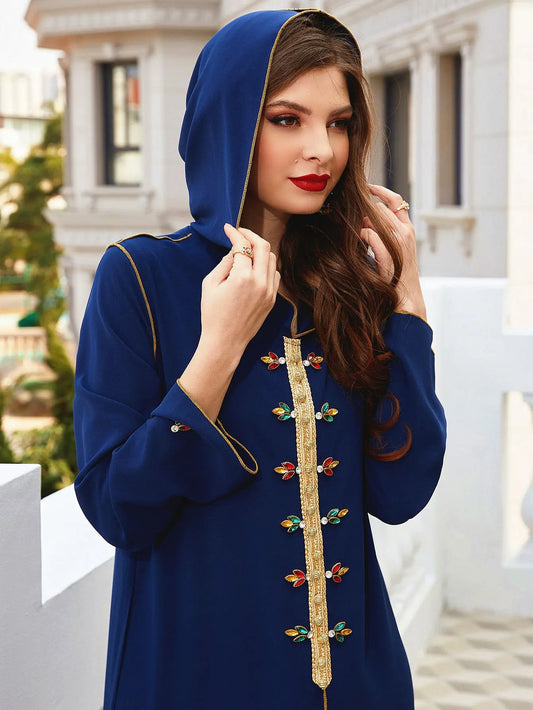 Navy Gold-rimmed Hand-sewn Diamond Hooded Robe ABAYA Muslim 