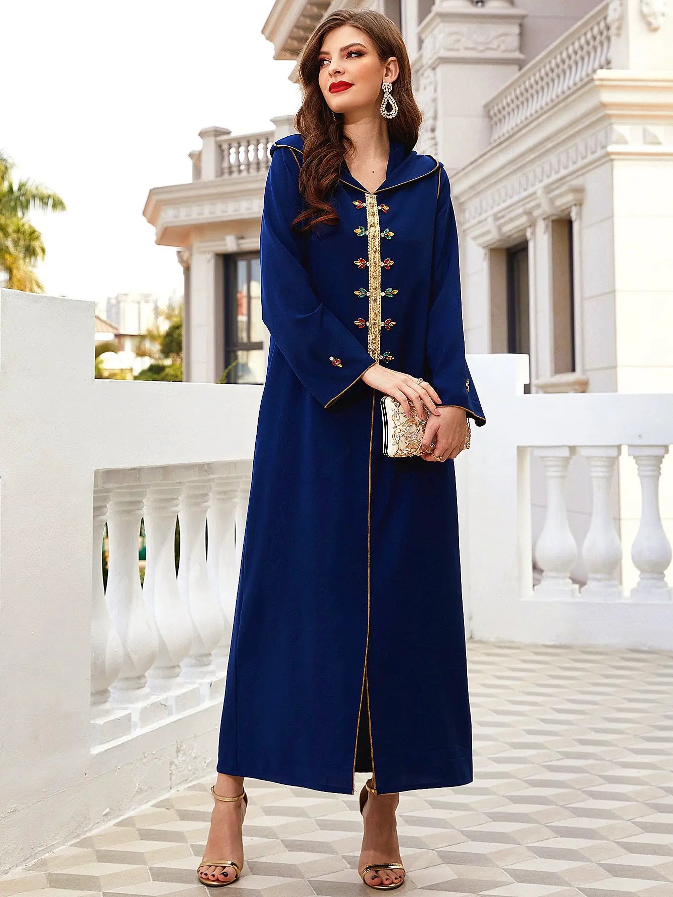 Navy Gold-rimmed Hand-sewn Diamond Hooded Robe ABAYA Muslim 