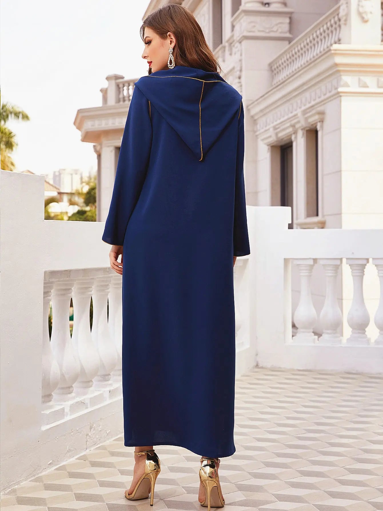 Navy Gold-rimmed Hand-sewn Diamond Hooded Robe ABAYA Muslim 