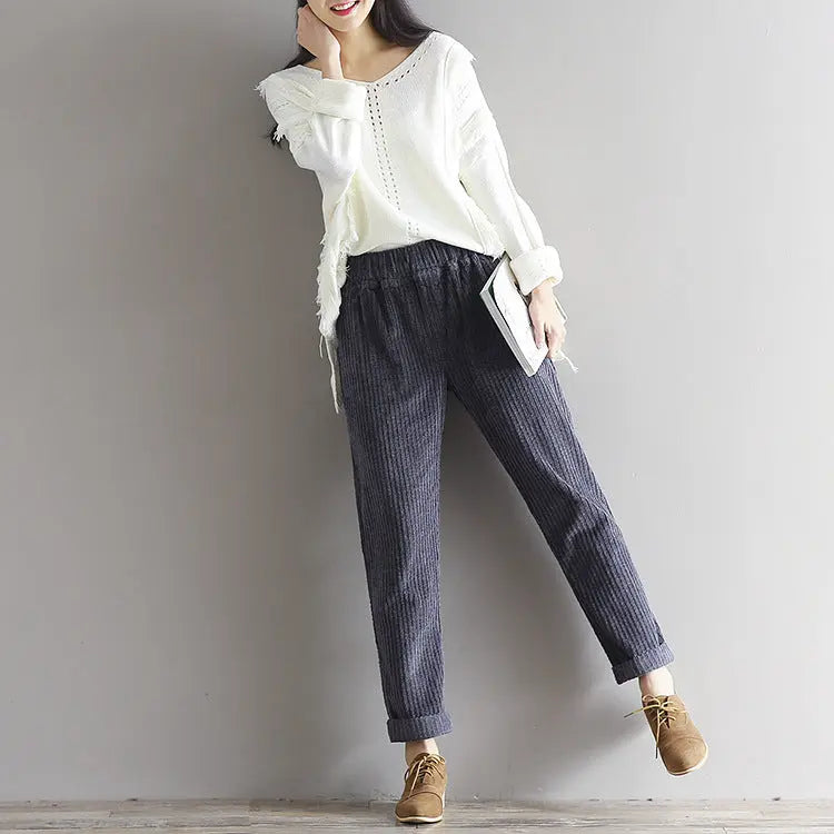 Large Size Women's Art Fan Xian Thin Corduroy Pants Autumn And Winter Loose Casual Trousers 