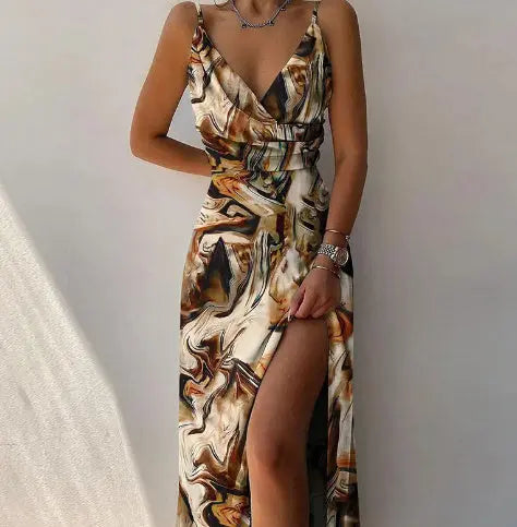 V-neck Slit Sling Dress Summer Fashion Sexy Slim Suspender Dresses For Women Clothing 