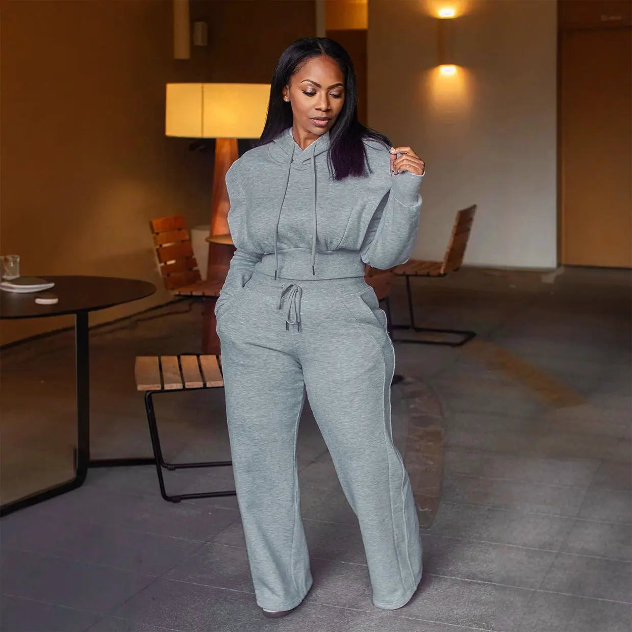European And American Hooded Sweater Wide Leg Two-piece Set 