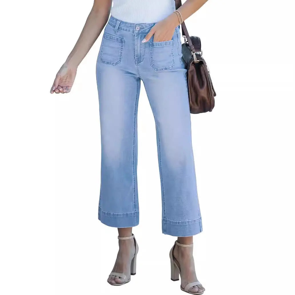 Slimming And Wide Leg Straight-leg Pants Washed Jeans Cropped Pants 
