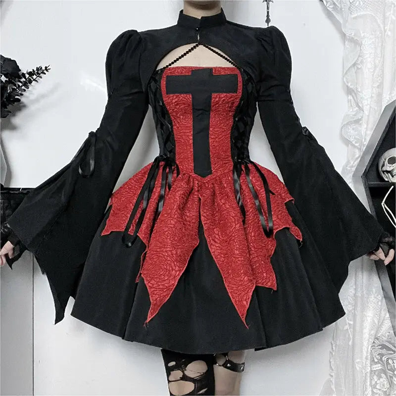 Dress Women's Retro Beautiful Red Patch Cross Print Lace Tight Dress 