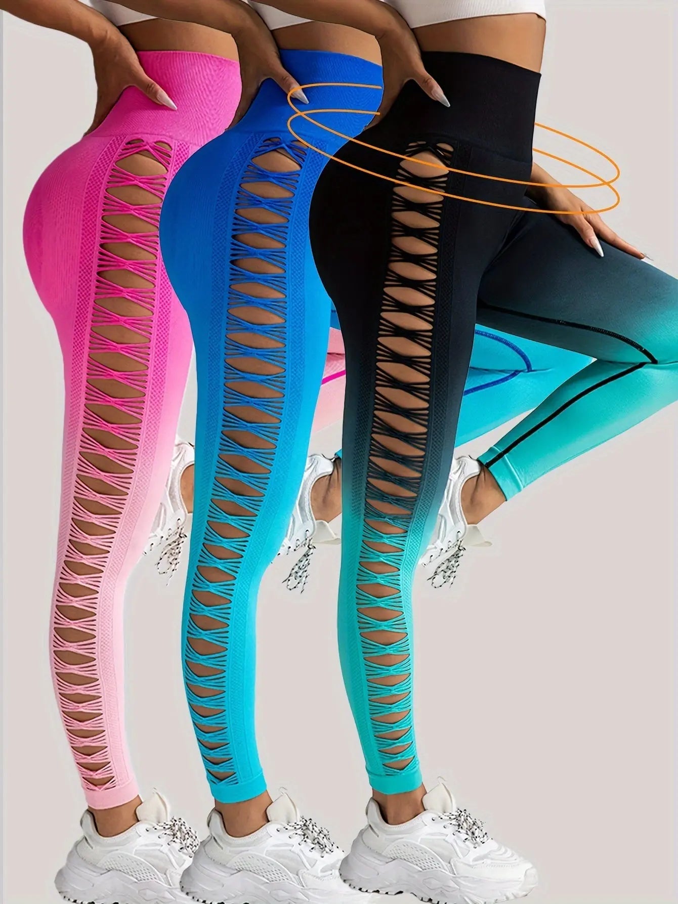3 Pack Women's Gradient Color Butterfly Hollow High Waist Butt Lifting Long Fitness Pants 