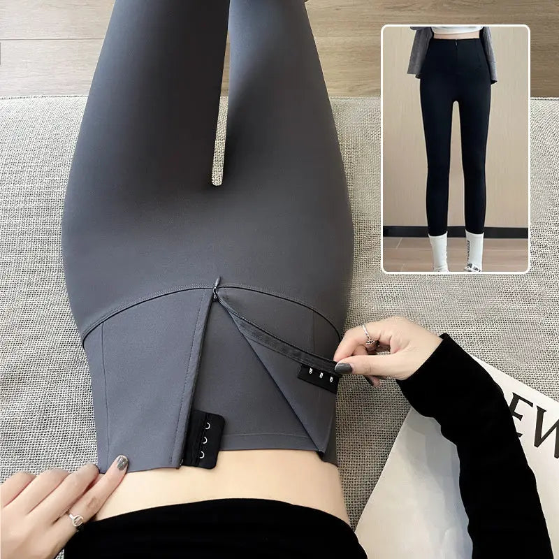 Belly-controlling Butt Lifting Leggings With Three-breasted Design Winter High Waist Slim Zippere Pants Warm Velvet And Thickened Trousers Women Clothing 